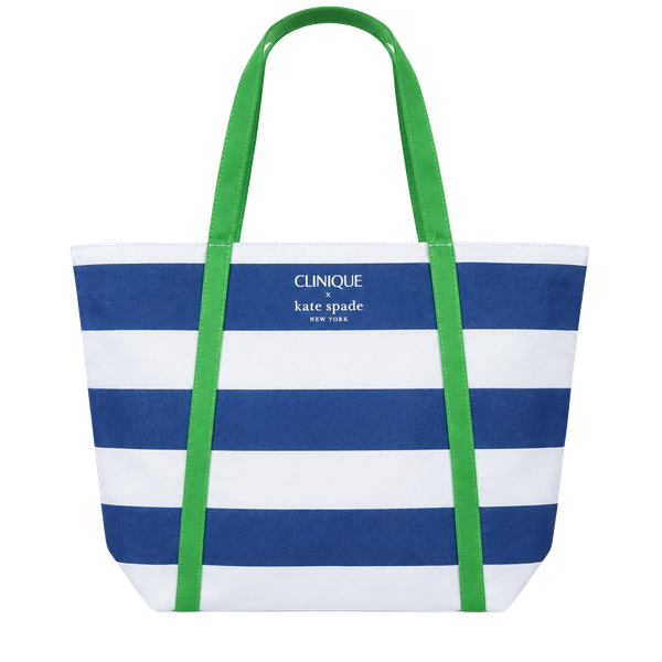 Clinique x Kate Spade Blue White Stripe Green Handle Tote Bag