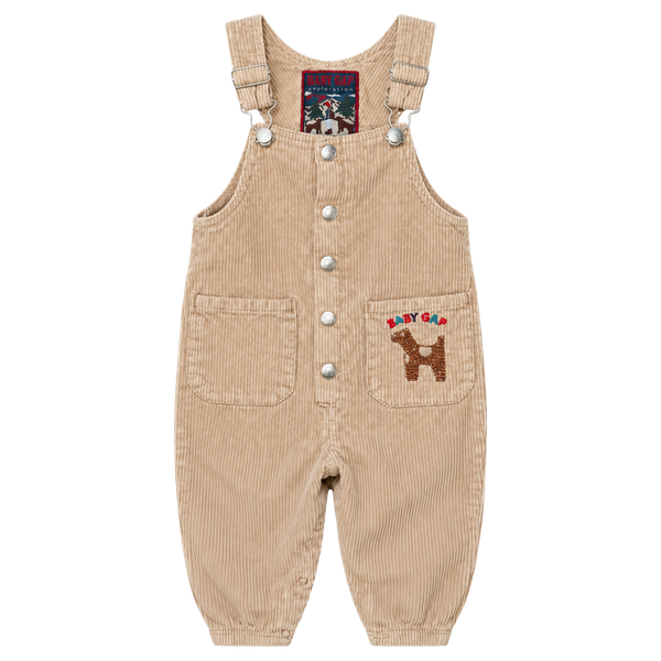 Vintage Baby Gap Exploration Corduroy Overalls 12-18 mths Tan Dog Embroidery ASIS