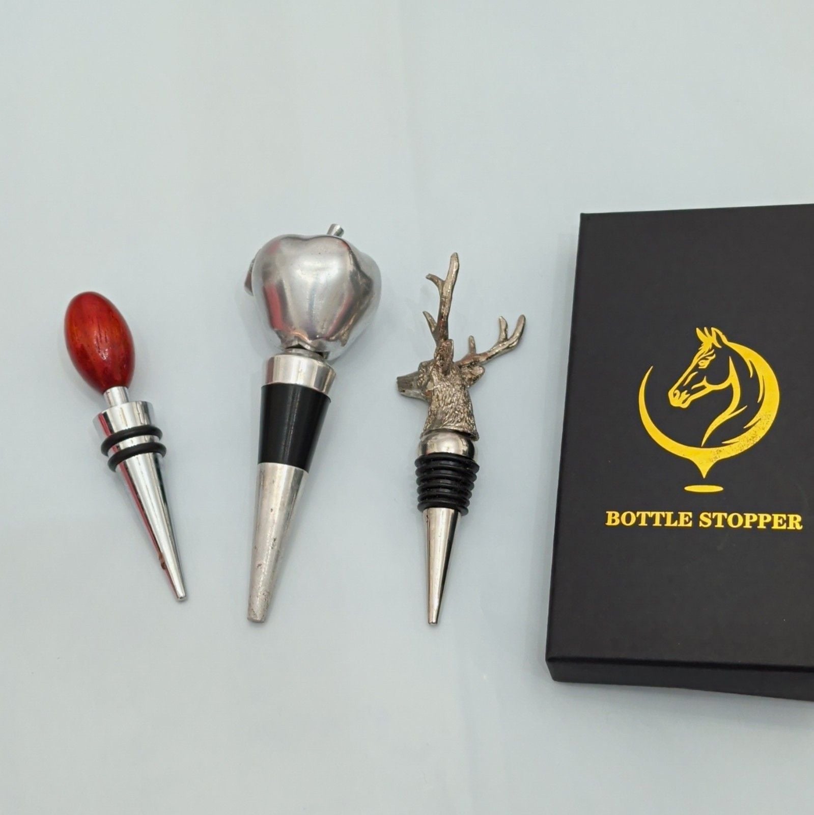 4pcDecorative Beverage Bottle Stopper Set Equestrian Stag Metal Wood Gift 7