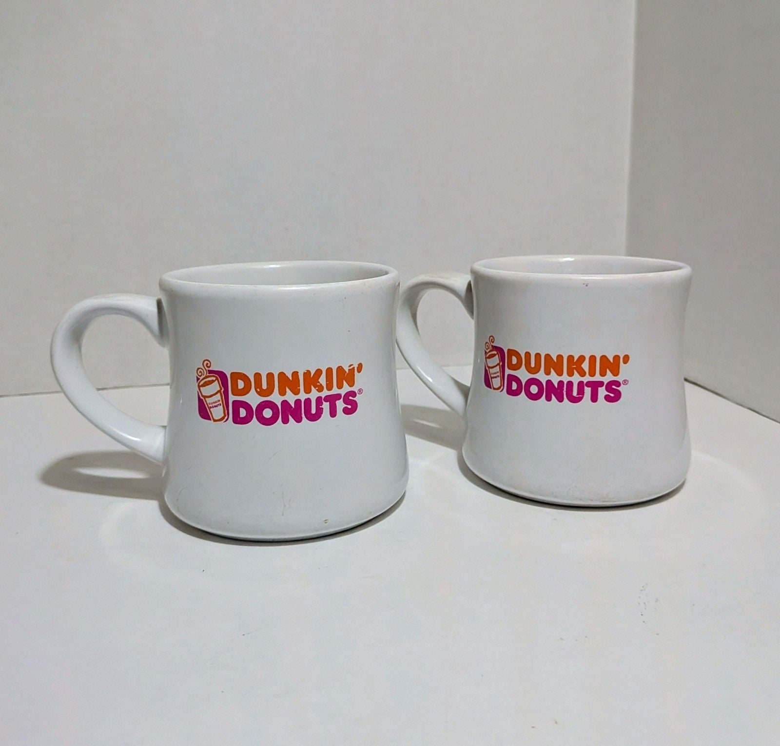 2 Dunkin Donuts Mugs Diner 12oz White Orange Pink Logo Coffee Cup Vintage Retro 8