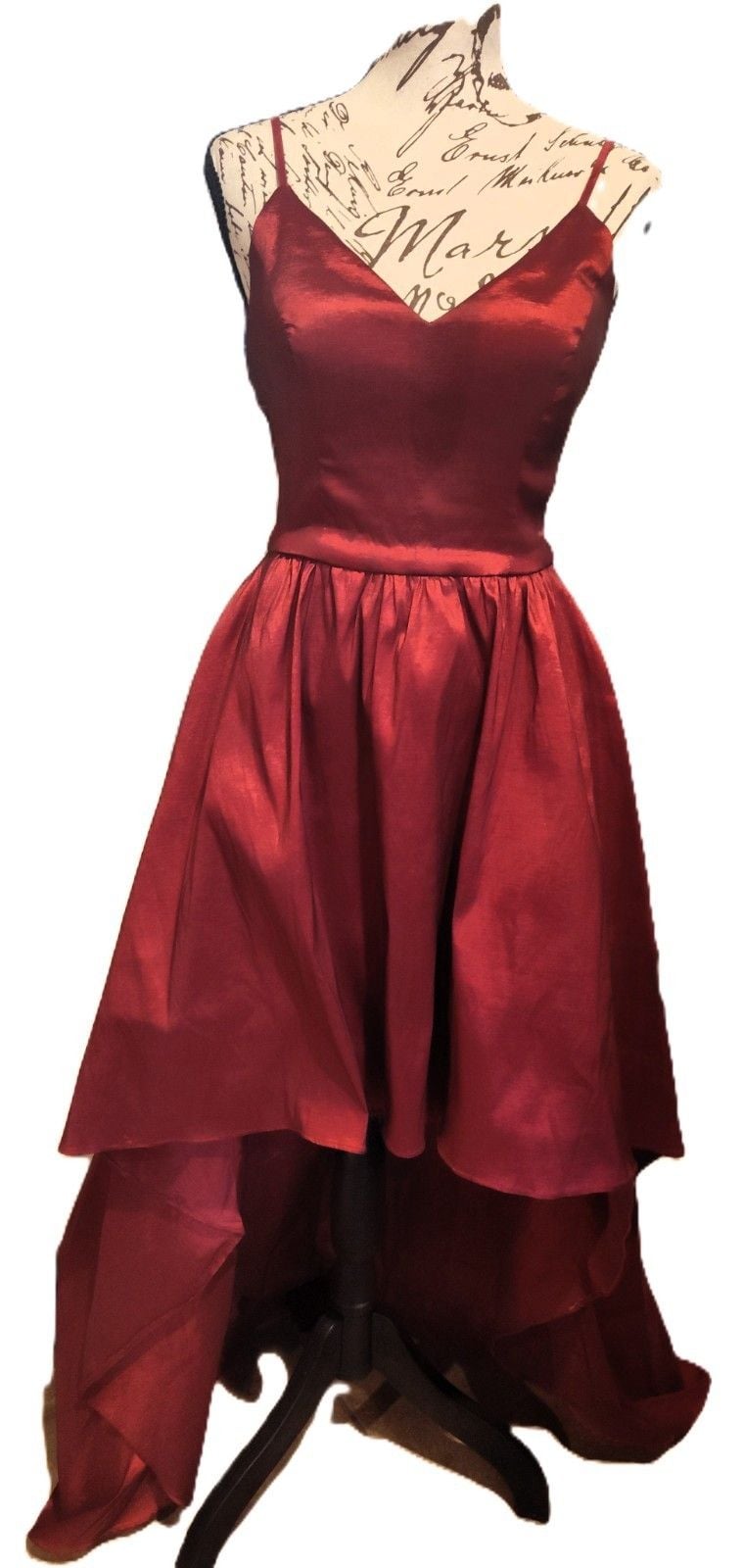 Beautiful B Smart Formal Shiny Red Gown w Waterfall Hem High Low Train SZ 7 2