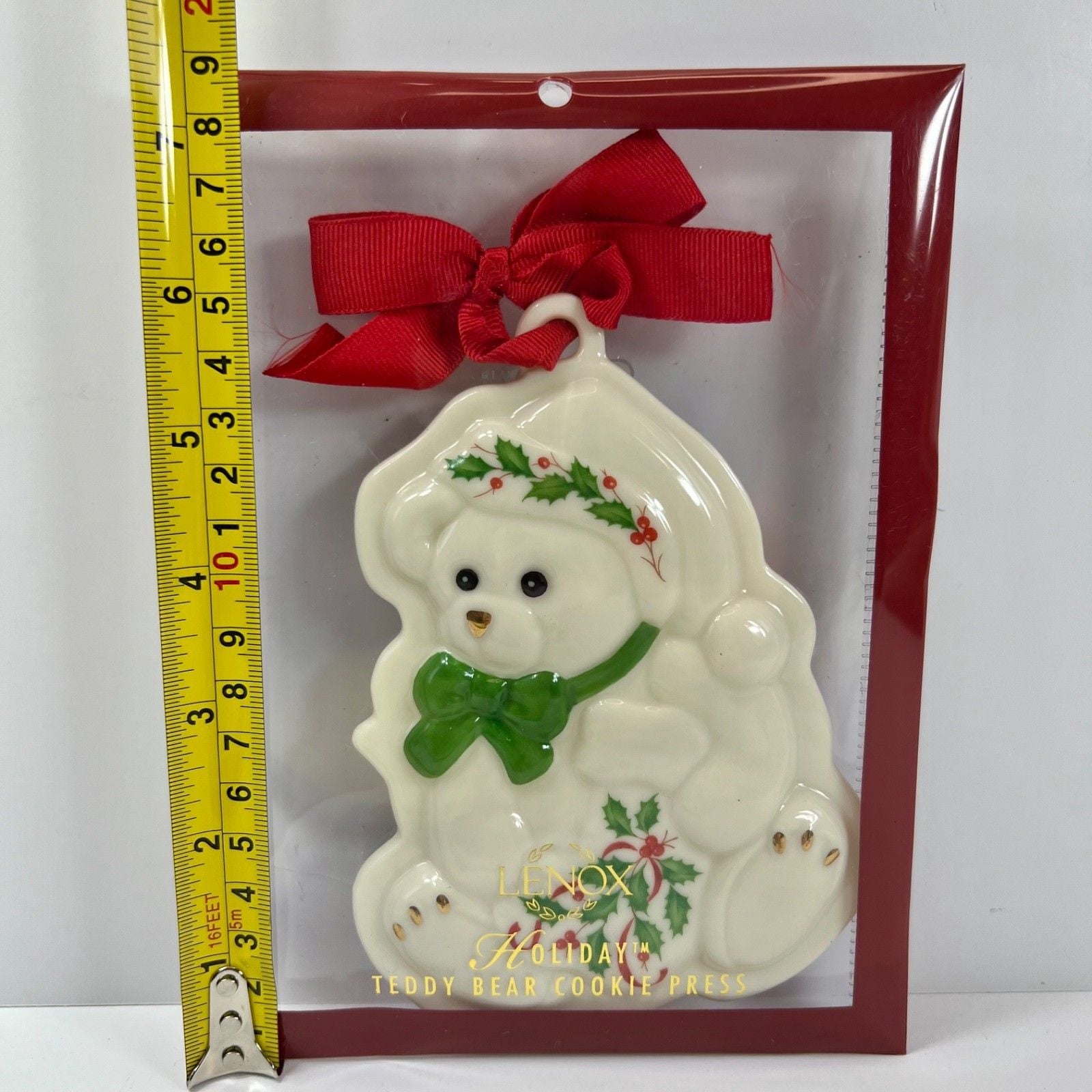 Lenox Holiday Teddy Bear Cookie Press Christmas Ornament Porcelain Holly Ribbon 13