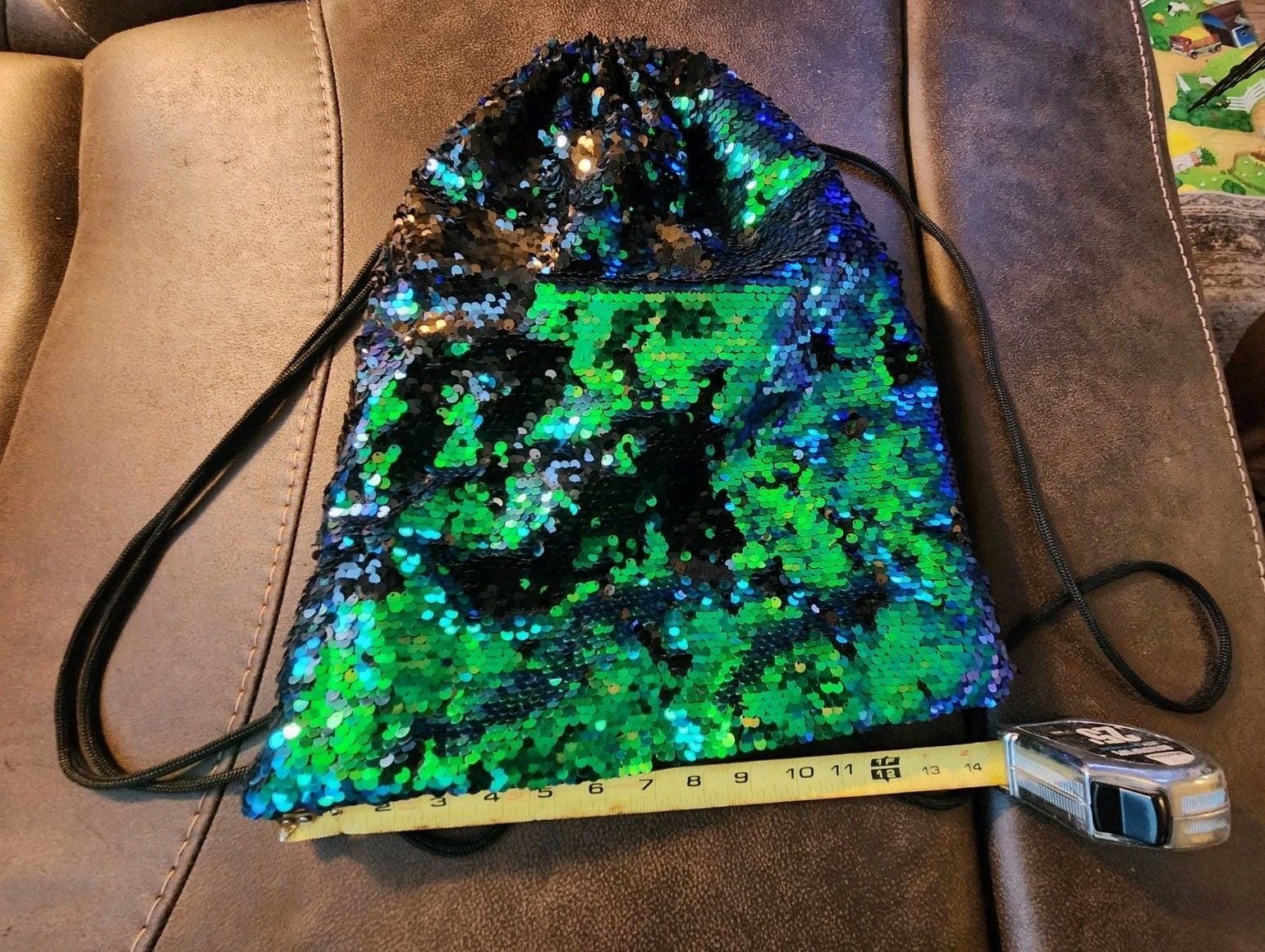 Reversible Sequin Drawstring Backpack Bag Green/Blue/Black Colorful 3