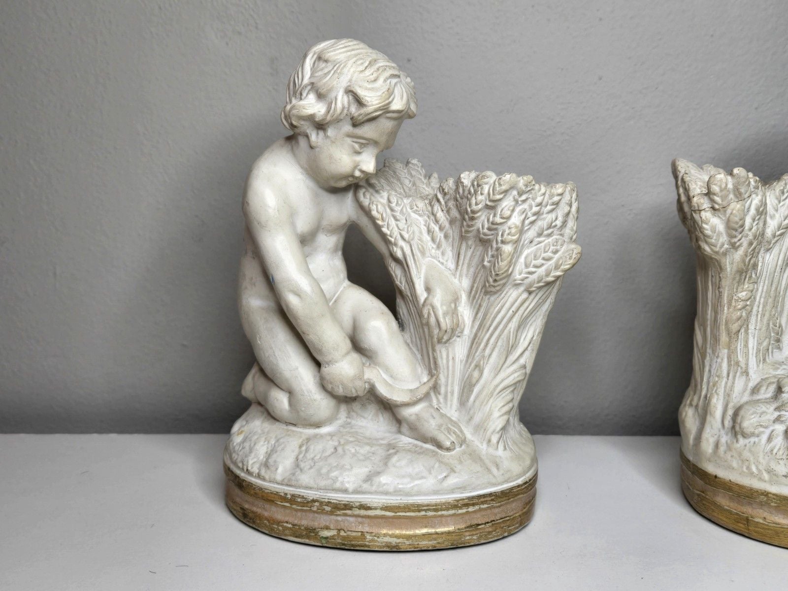 Vintage BORGHESE Niepolds ~ Chalk Putti Bookends ~ Cherubs Harvesting Wheat 5