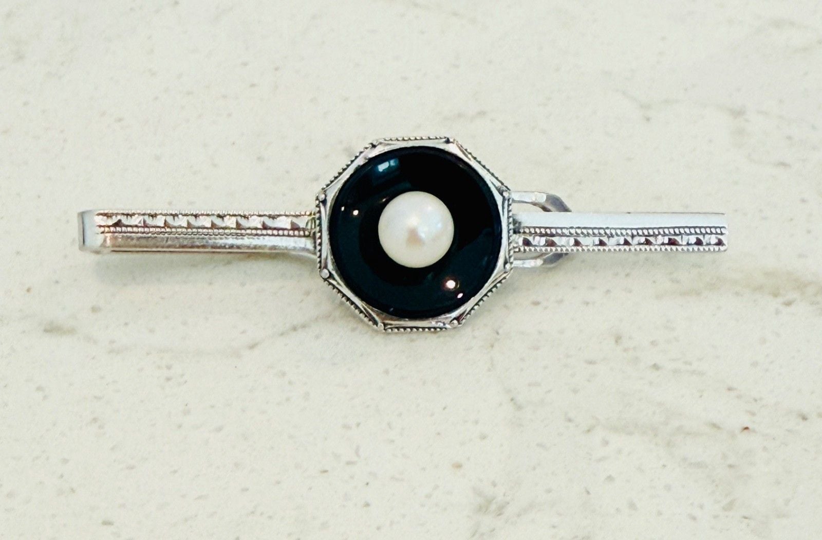 Art Deco Sterling Silver Bar Pin Black Stone Pearl Octagonal Milgrain 5cm 2