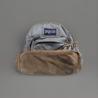 Jansport Backpack Leather Bottom Gray 3 Pouch Laptop Sleeve Cup Holder 12