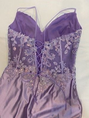 Satin Slit Lace-Up Formal Dress Deep V-Neck and Shimmering Lace Size Medium 10