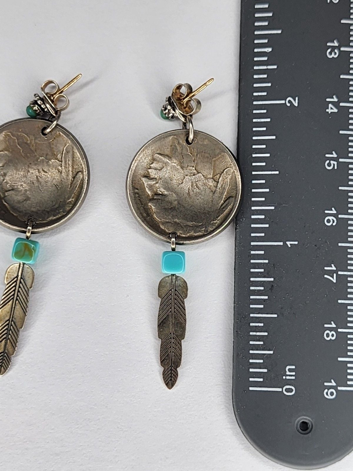 Vintage Sterling Silver Feather, Turquoise, Buffalo Nickel Earrings 4