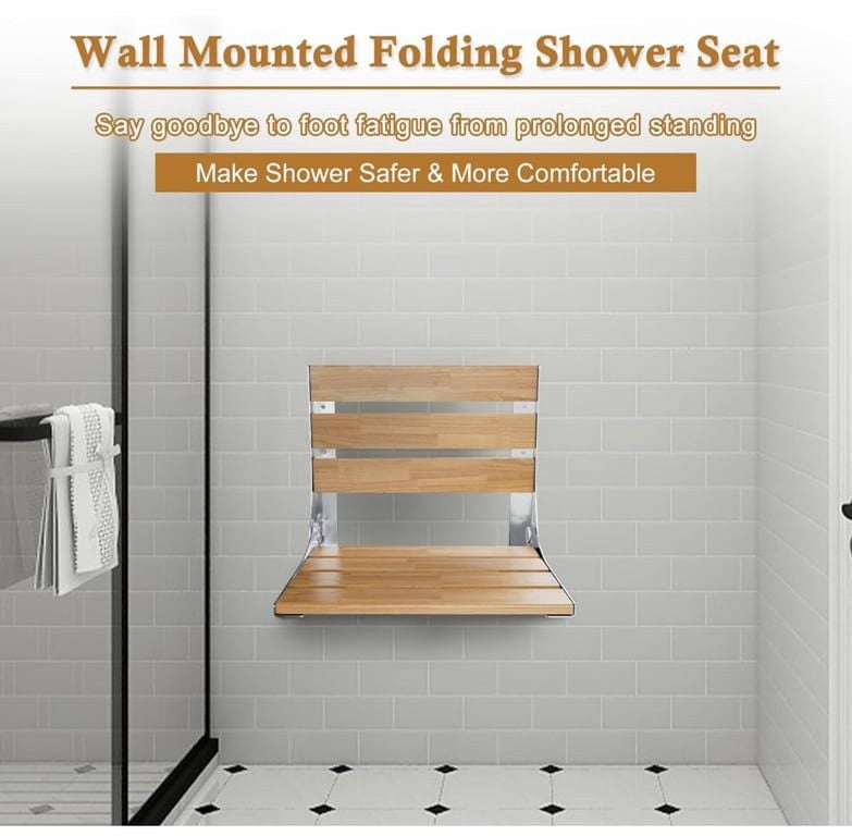 18" Folding Teak Shower Seat Wall Mounted, Fold Down Shower Bench for Indoor Shower, Home Care Bath Safety Furniture, ADA Compliant, Clear Coated for 3