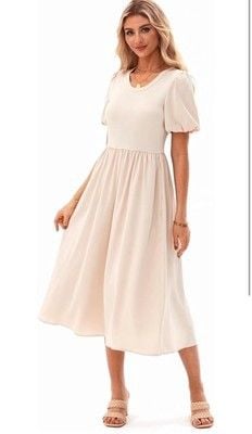 AlvaQ Women Dress Spring Summer Puff Sleeve Midi Dress High Waist Ruffle-SIZE S 6