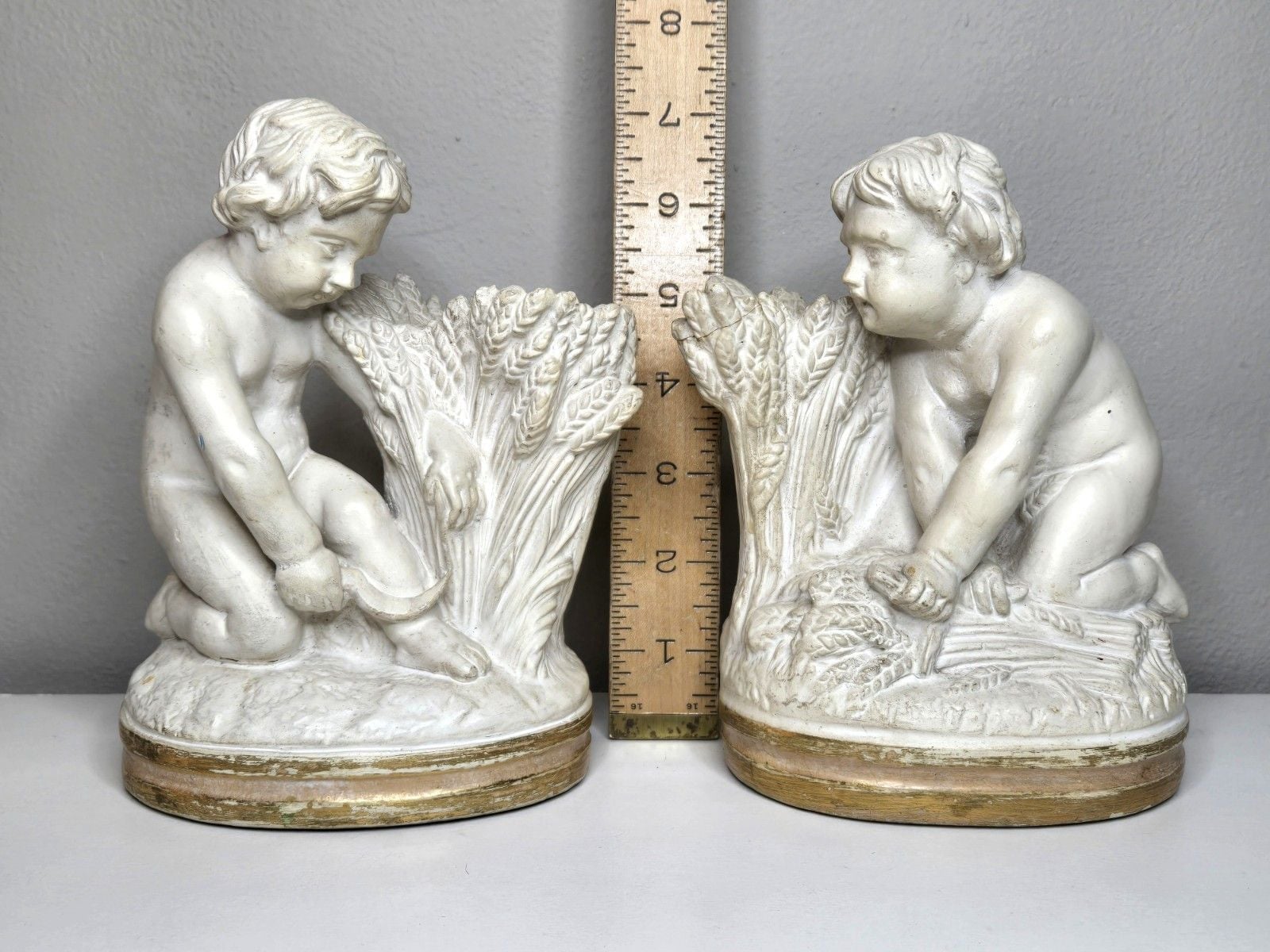 Vintage BORGHESE Niepolds ~ Chalk Putti Bookends ~ Cherubs Harvesting Wheat 17