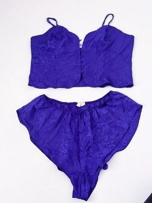 Victoria's Secret Gold Label Purple Satin Lace Camisole Shorts Pajama Set Sz M 2