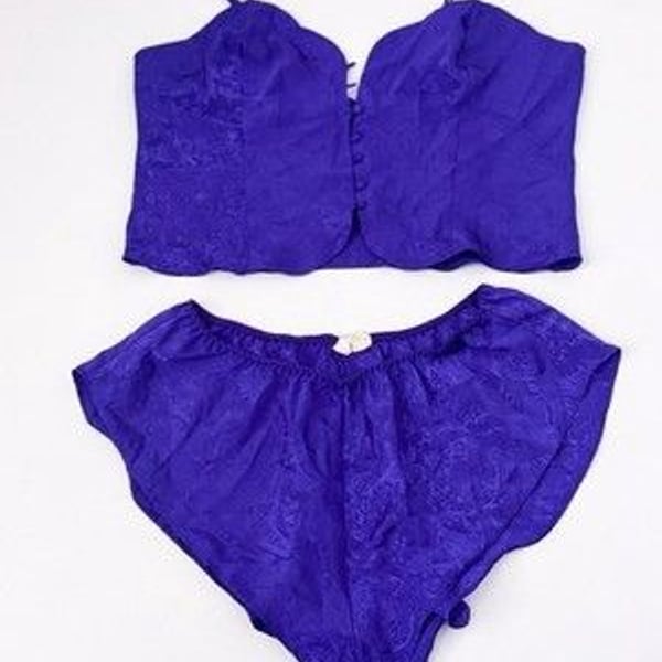 Victoria's Secret Gold Label Purple Satin Lace Camisole Shorts Pajama Set Sz M