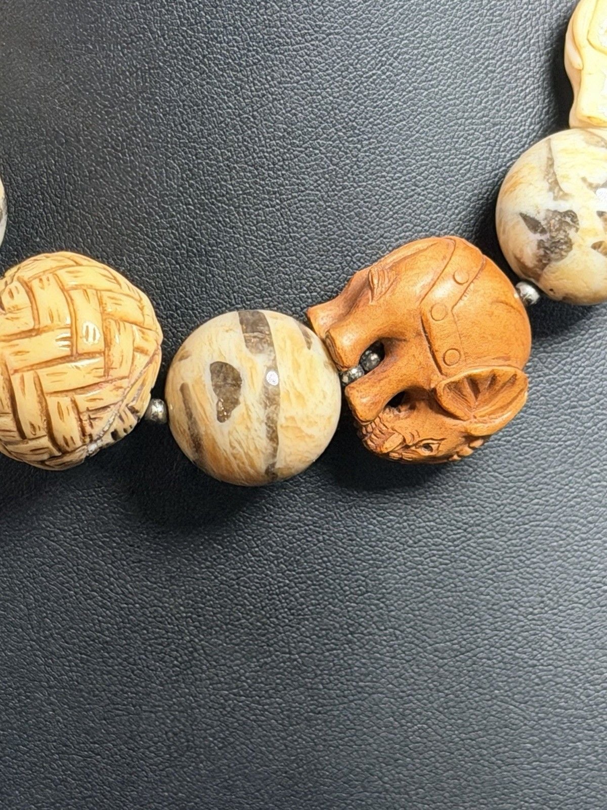 Vtg Chunky Artisan Bobe Carved Elephant & Fossil Stone Statement Necklace -Boho 9