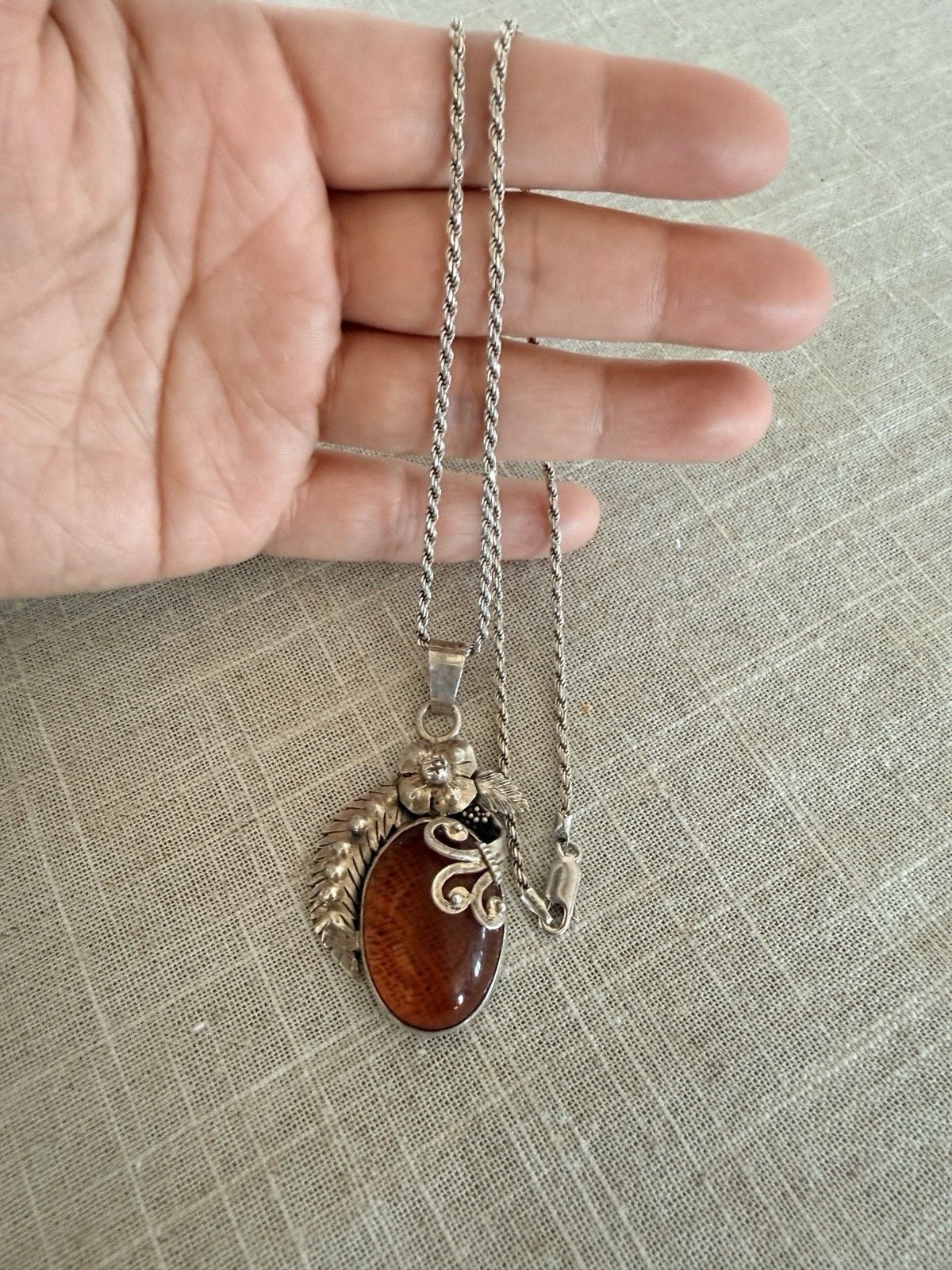 Artisan Sterling Silver Baltic Honey Amber Pendant Necklace 18” Rope Chain 925 6