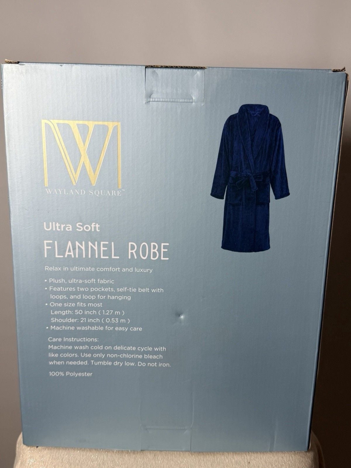 Wayland Square Women's Solid Blue Flannel Robe Belted Tie Pockets One Size 2
