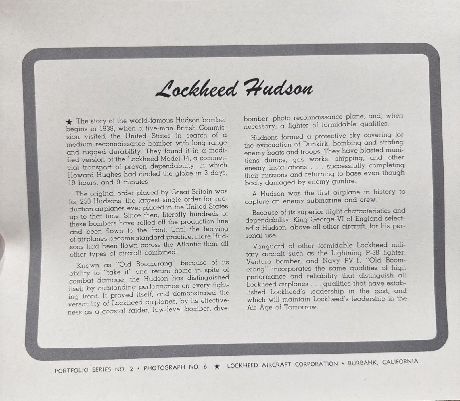 Set of 6 Vintage Lockheed Leadership Aircraft Corp Photographs Portfolio Folder 18
