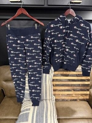 Champion Men’s Blue Logo Fleece Sweatsuit Set Hoodie & Tapered Pants S Top M 1