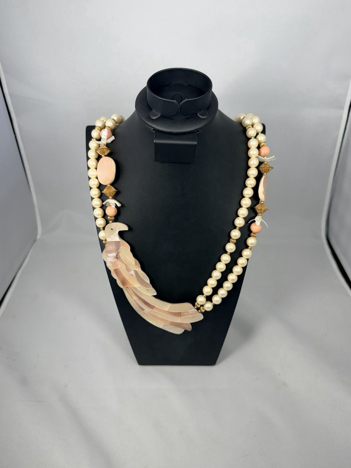 Vtg Mother Of Pearl Carved Bird Statement Necklace Faux Pearl Coral Multi Strand 2
