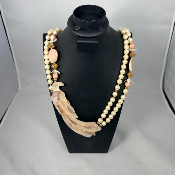 Vtg Mother Of Pearl Carved Bird Statement Necklace Faux Pearl Coral Multi Strand