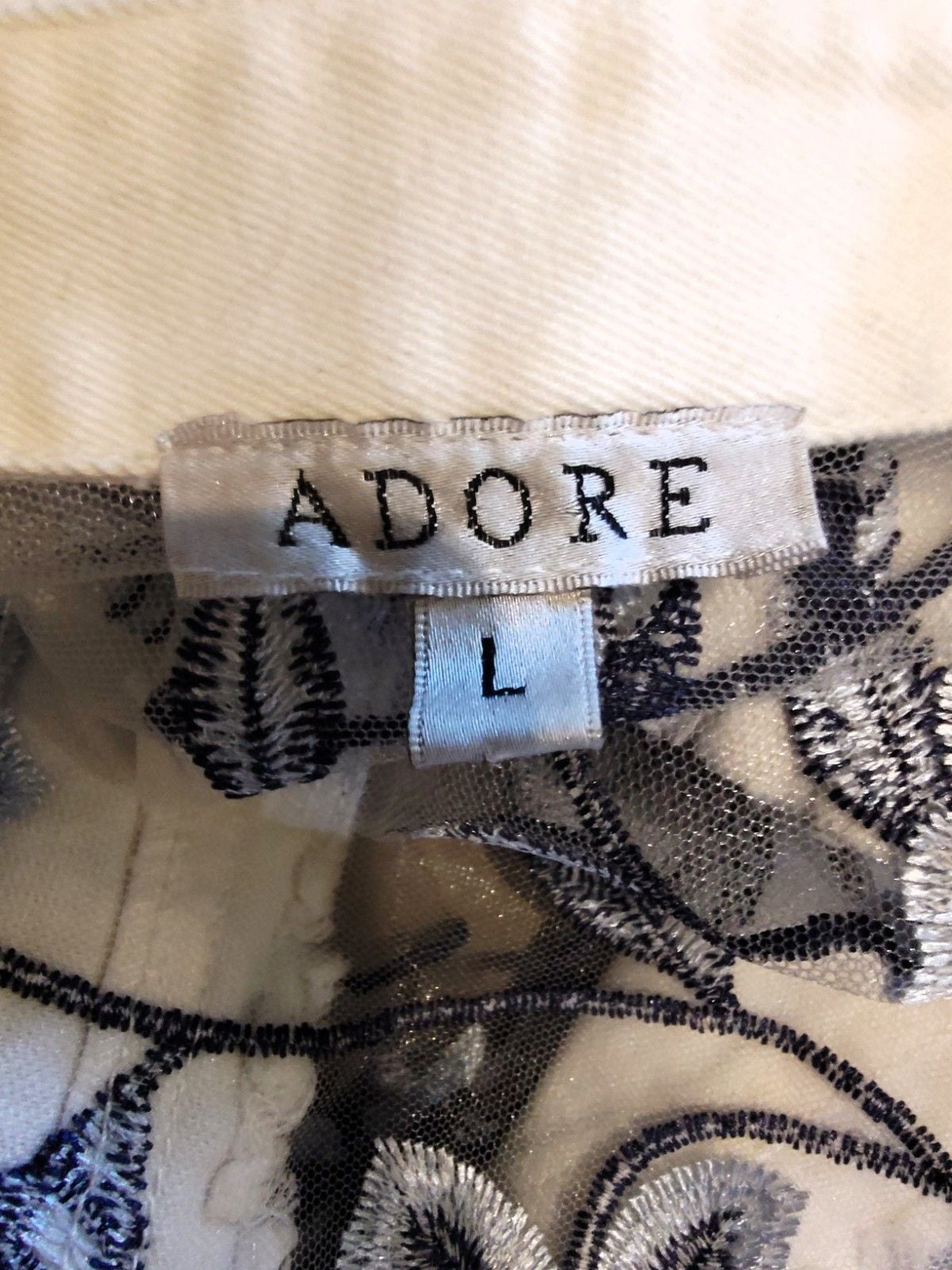 Gorgeous ADORE Pristine White Denim Jacket w Blue Floral Embroidered Sheer Sz L 8
