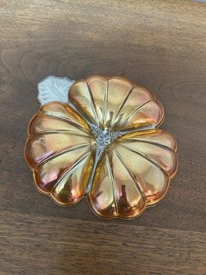 Vintage Jeannette Carnival Glass Marigold 3 Leaf Clover Candy/Nut Dish 7” W. 3