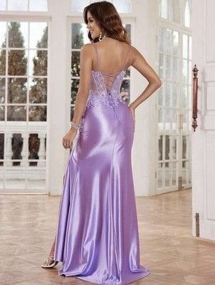 Satin Slit Lace-Up Formal Dress Deep V-Neck and Shimmering Lace Size Medium 3