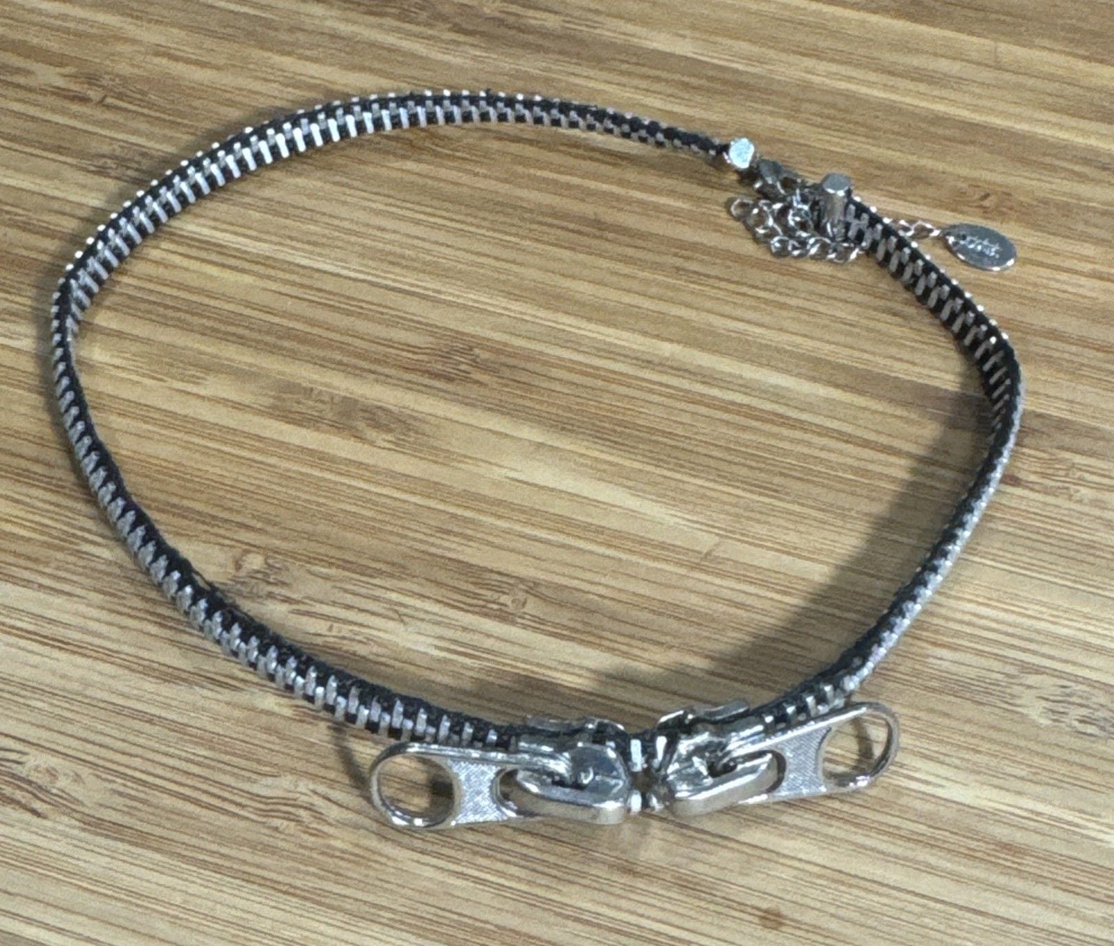 BCBGMAXAZRIA Zipper Necklace Punk Goth Black Silver Statement Halloween 3