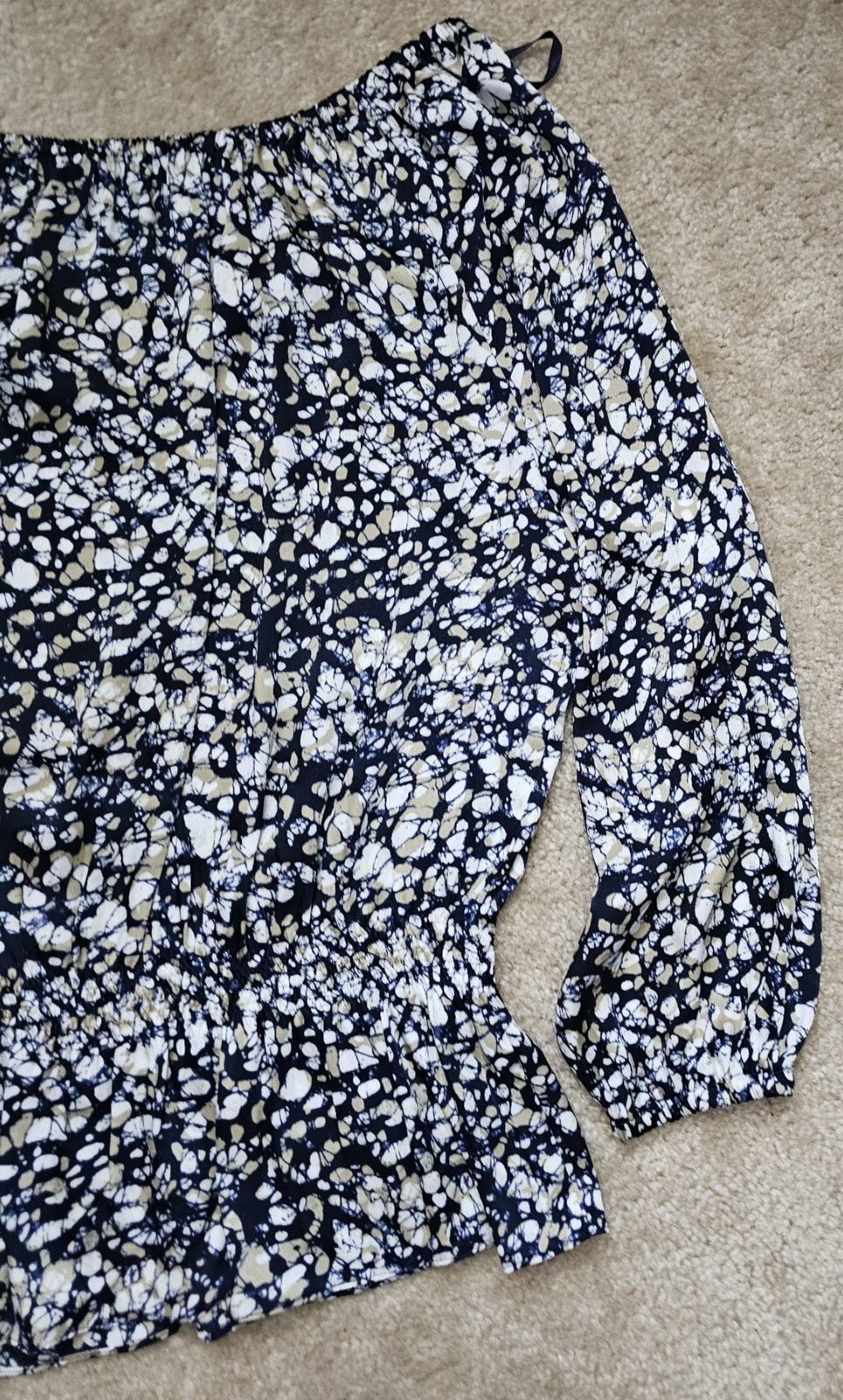 Michael Kors Women's Abstract Print Peplum Blouse Long Sleeve Navy Tan White 9