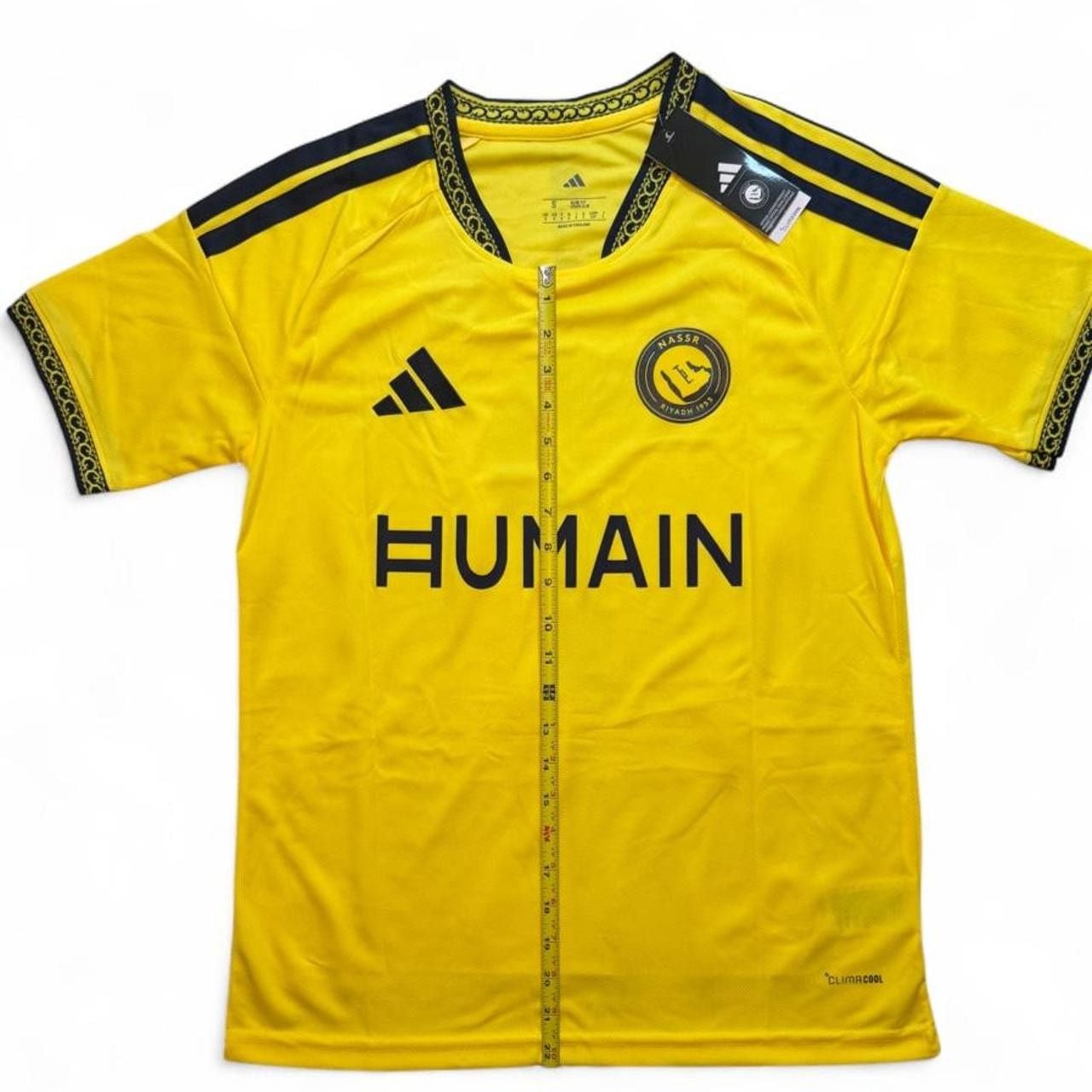 Adidas Al Nassr 2026/27 home jersey in yellow with black stripes on shoulders and black trim on collar and sleeves number 7 Ronaldo on the back size small dimensions are in the pictures brand new with tags. 3