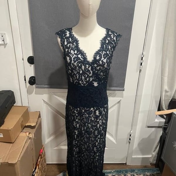 Tadashi Shoji Navy Blue Lace Evening Gown