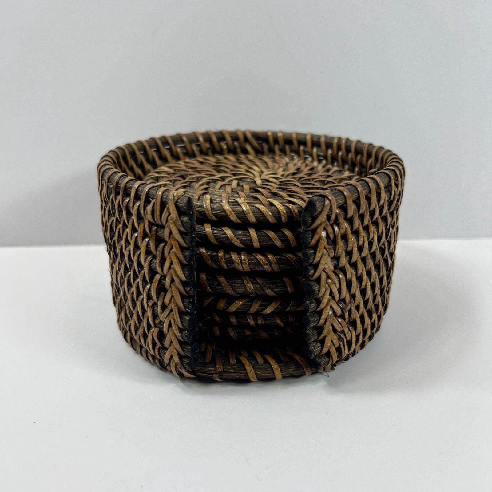 Set of 7 Brown Rattan Woven Wicker Round 4" Coasters with Storage Basket Boho 2