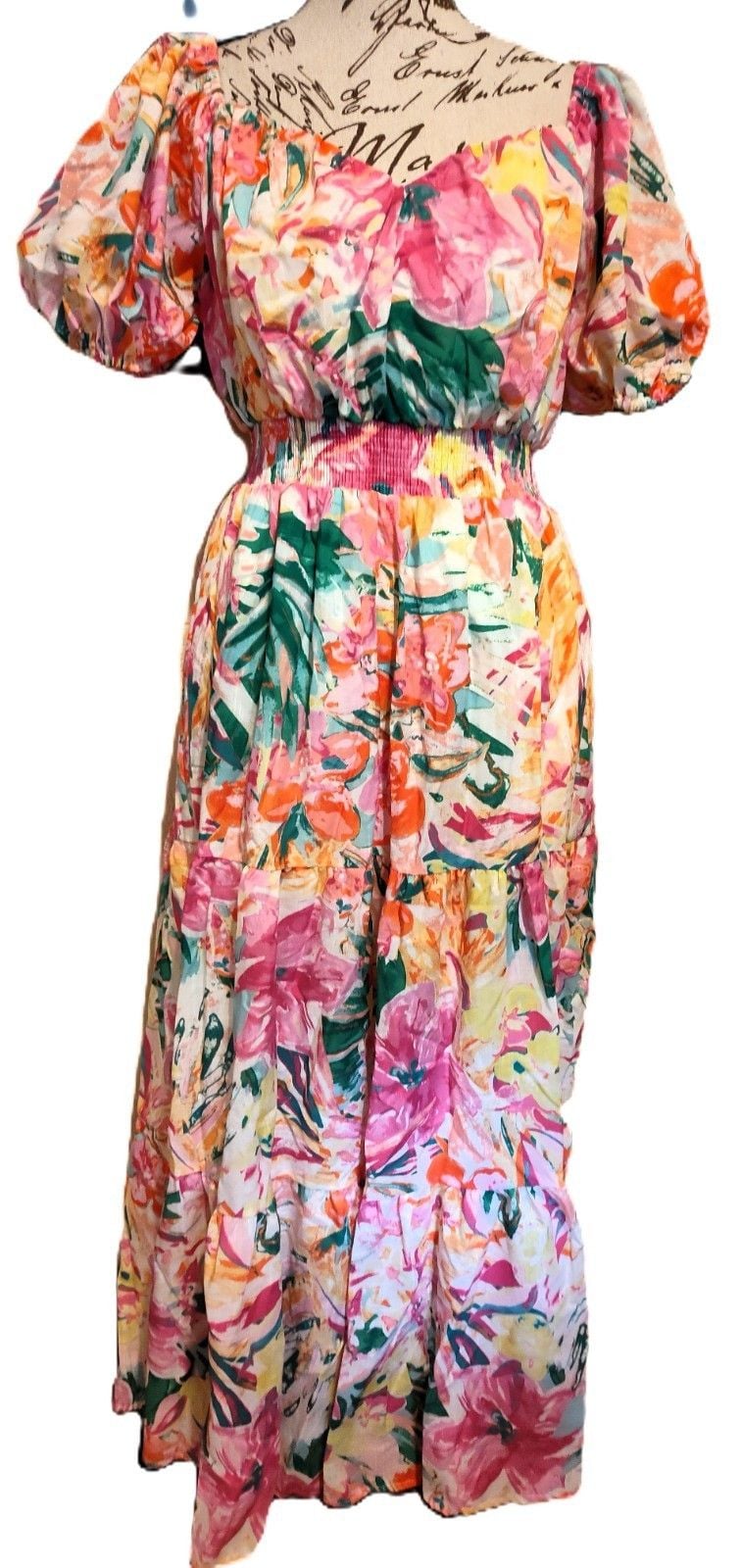 Flying Tomato Vibrant Watercolor-inspired Floral Puff Sleeve Tier Skirt Dress S 2
