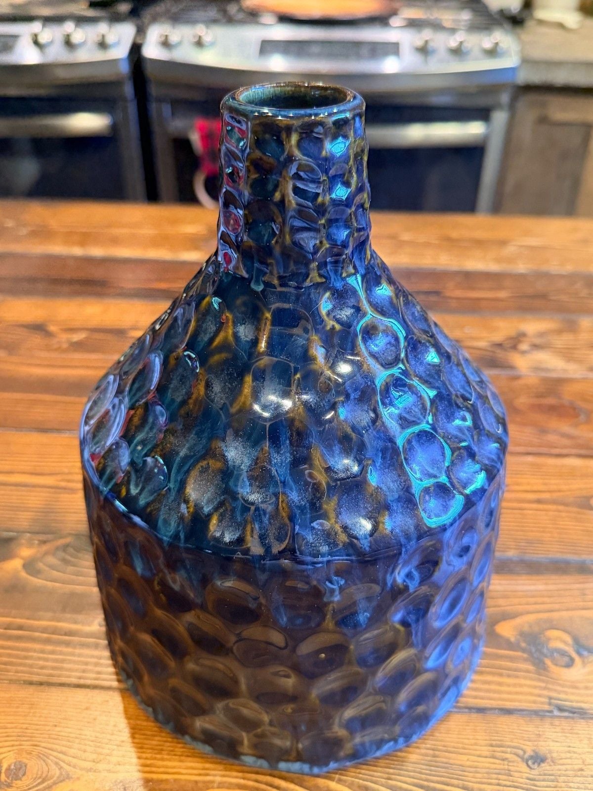 Modern Blue Brown Reactive Glaze Dimpled Honeycomb Ceramic Vase Handcrafted Lg 1