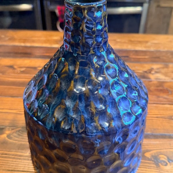 Modern Blue Brown Reactive Glaze Dimpled Honeycomb Ceramic Vase Handcrafted Lg