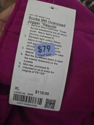 035 Lululemon Scuba Mid-Rise Oversized Jogger Regular RASPBERRY Womens XL NWT 8