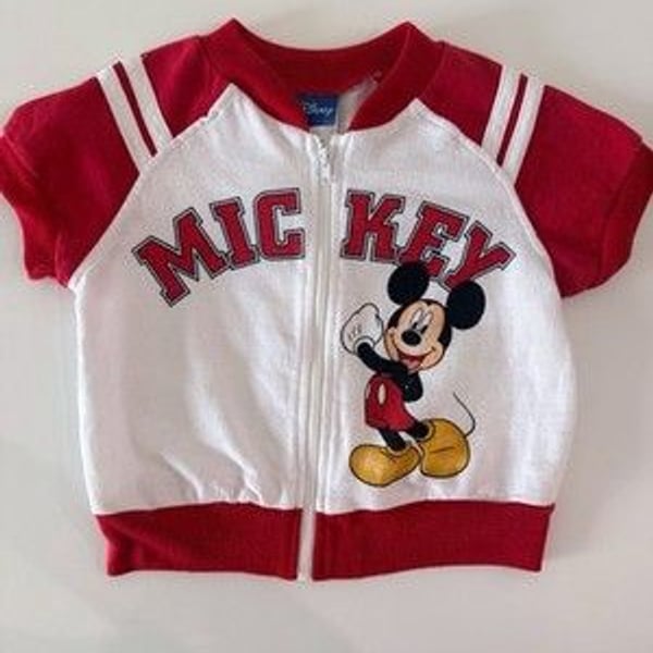 Rare Vintage Disney Red White Varsity Short Sleeve Zip Up 2/3
