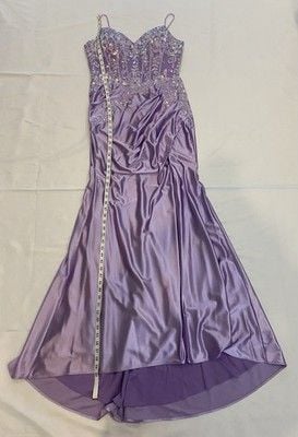 Satin Slit Lace-Up Formal Dress Deep V-Neck and Shimmering Lace Size Medium 8