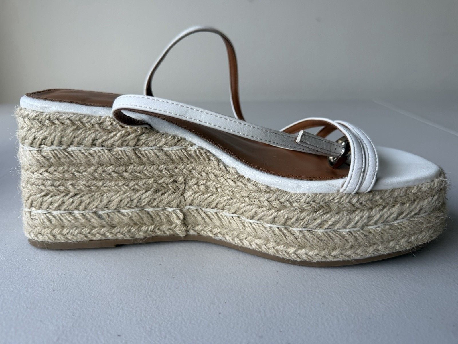 Rahonali Women’s White Leather Espadrille Wedge Sandals Slip On Straps 10 6