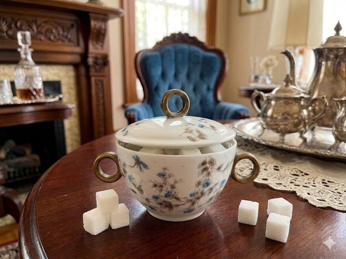 Antique Limoges CFH GDM Sugar Bowl Lidded Cup French Porcelain Blue Floral 1880s 2