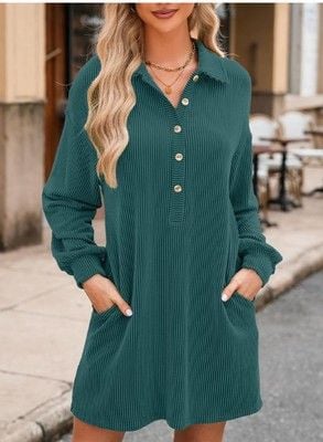 AlvaQ Womens Long Sleeve Dress Loose Button Front Lapel Collared Ribbed-SIZE 2XL 5