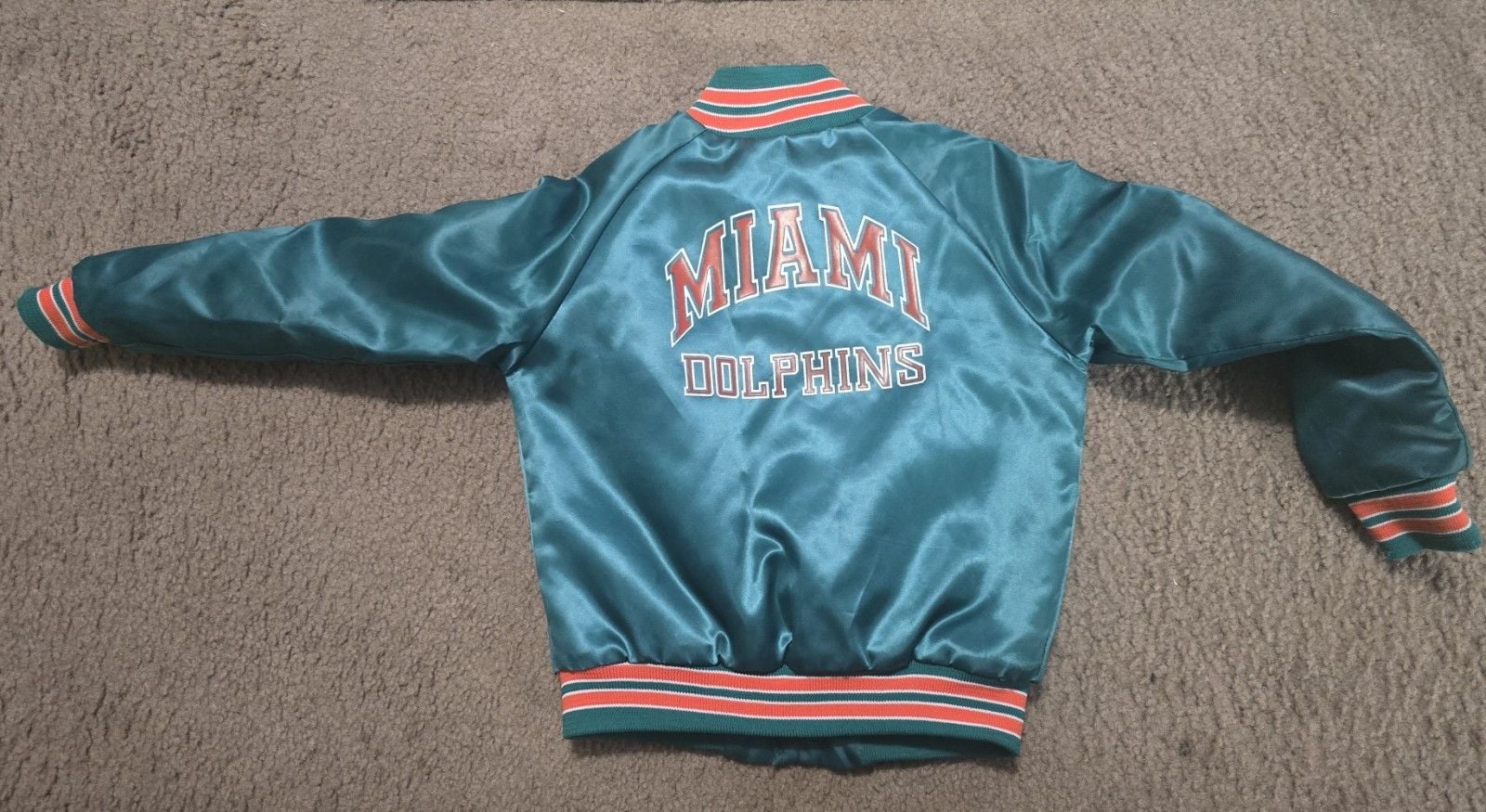 VTG 90s NFL MIAMI DOLPHINS CHALK LINE SATIN JACKET BOMBER SPELLOUT KIDS SZ 6/7 2