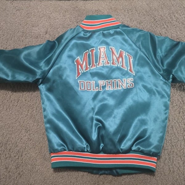 VTG 90s NFL MIAMI DOLPHINS CHALK LINE SATIN JACKET BOMBER SPELLOUT KIDS SZ 6/7