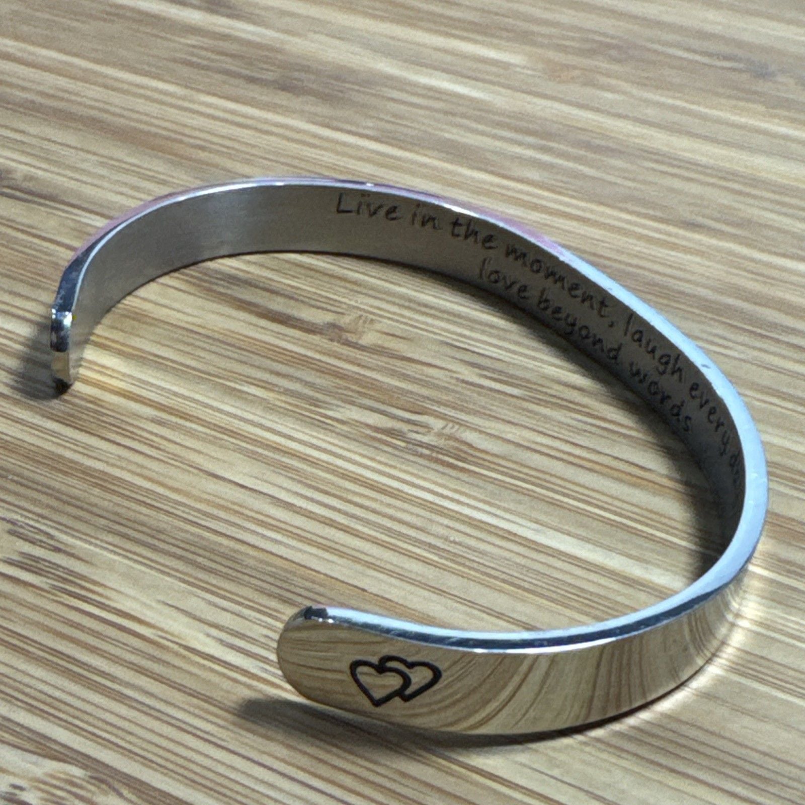 Stainless Steel Inspirational Cuff Bracelet Live Laugh Love Double Heart 4