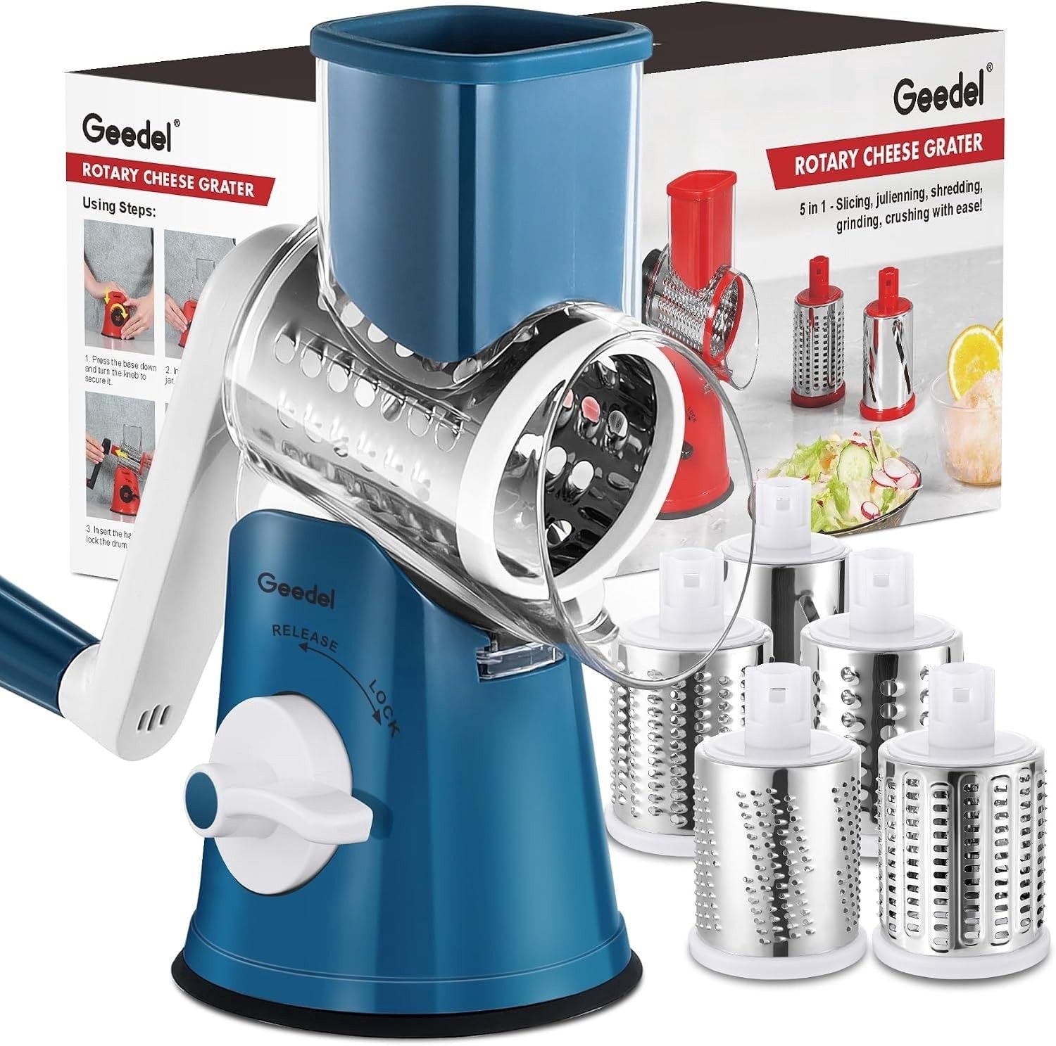 Geedel Rotary Cheese Grater Hand Crank, Cheese Shredder Vegetable Slicer 1