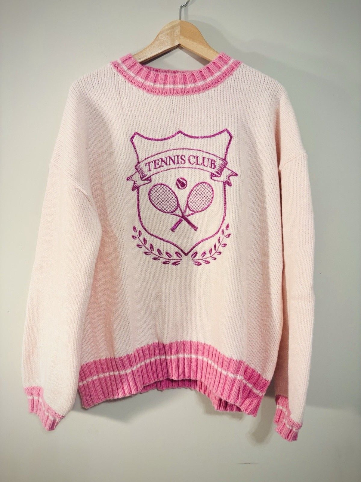 Fantastic Fawn Tennis Club Graphic Knit Crewneck Pullover Sweater Pink/White S 2