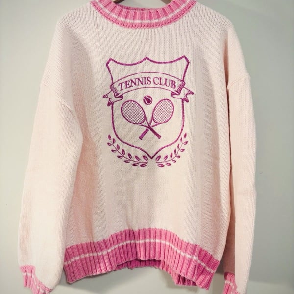 Fantastic Fawn Tennis Club Graphic Knit Crewneck Pullover Sweater Pink/White S