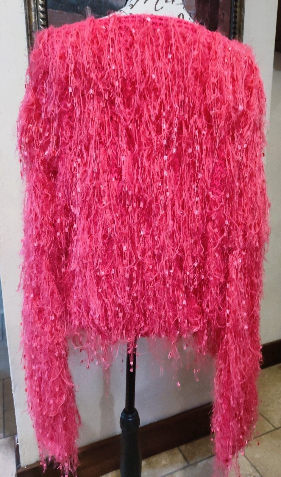 Davi & Dani Hot Pink Oversized Thick Trendy Chic Shaggy Fringe Sweater Sz M 5