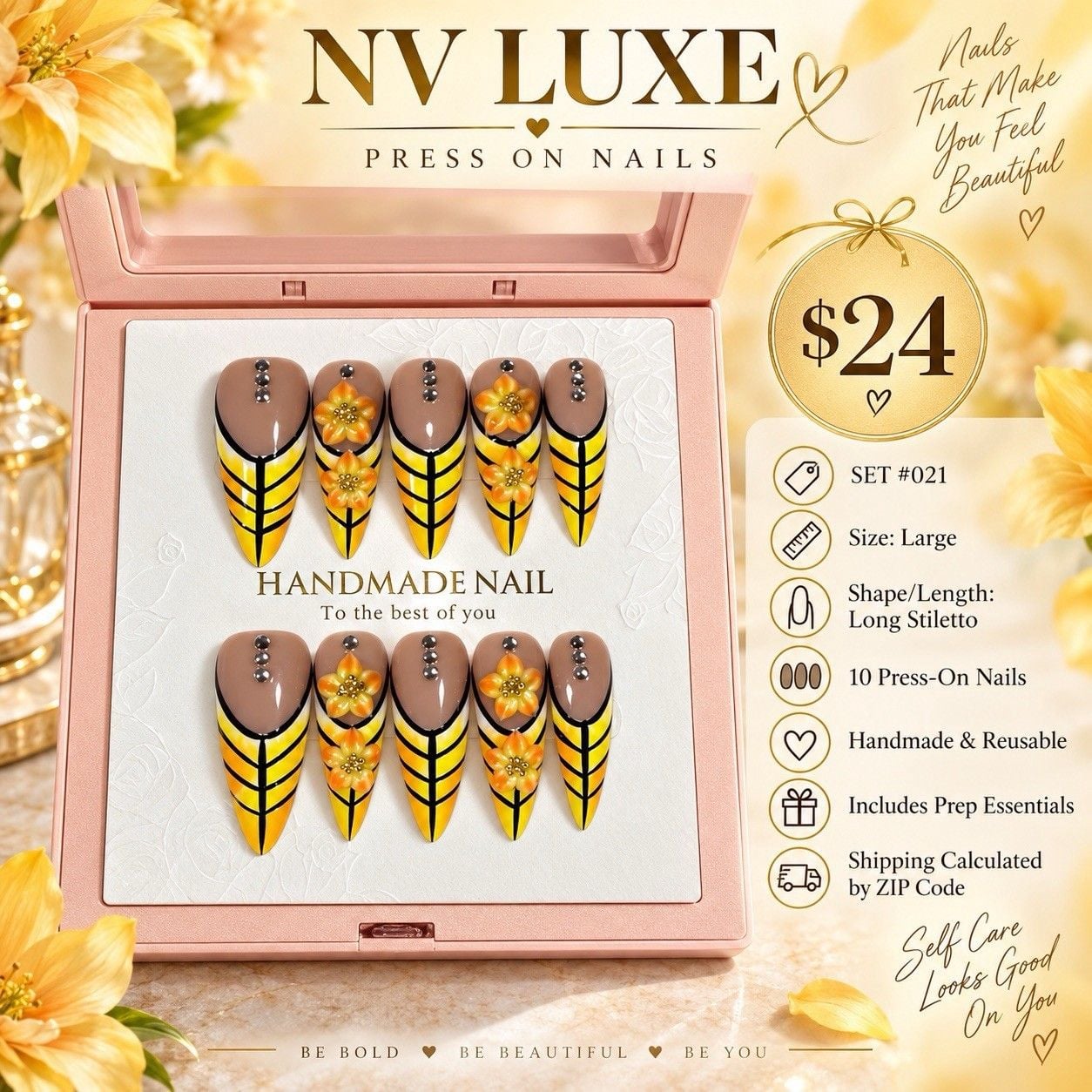 Yellow Floral Press On Nails Size L Long Stiletto Rhinestone 10pc Set #021 2