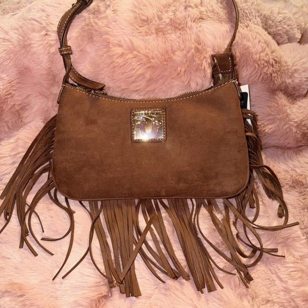 True Religion Brown Suede Fringe Shoulder Bag Adjustable Strap